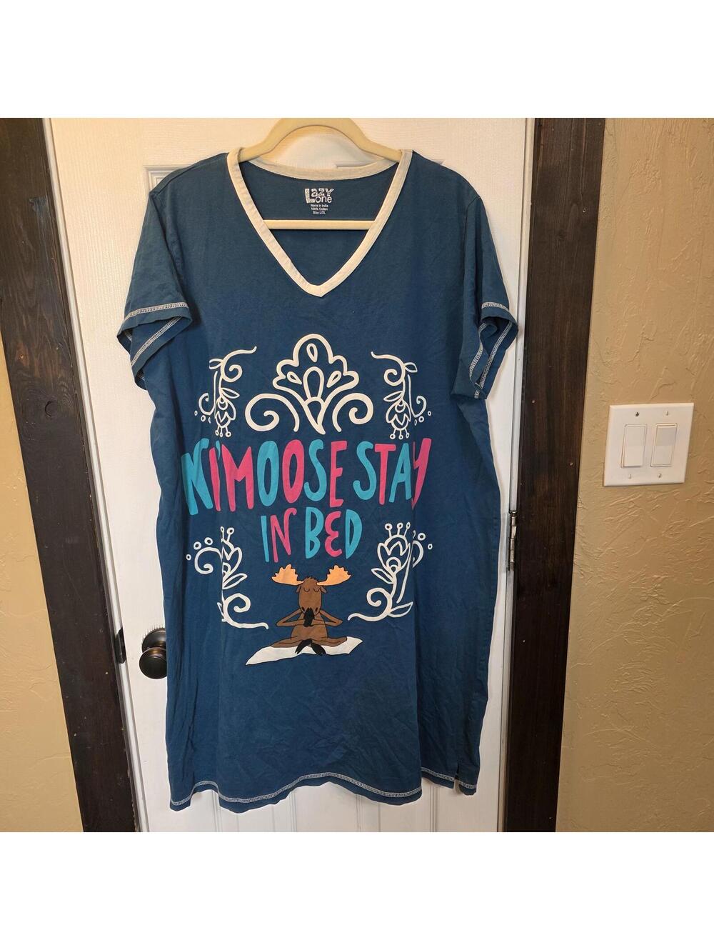 Lazy One Blue Cotton Nightshirt with Moose Graphic Size L/XL